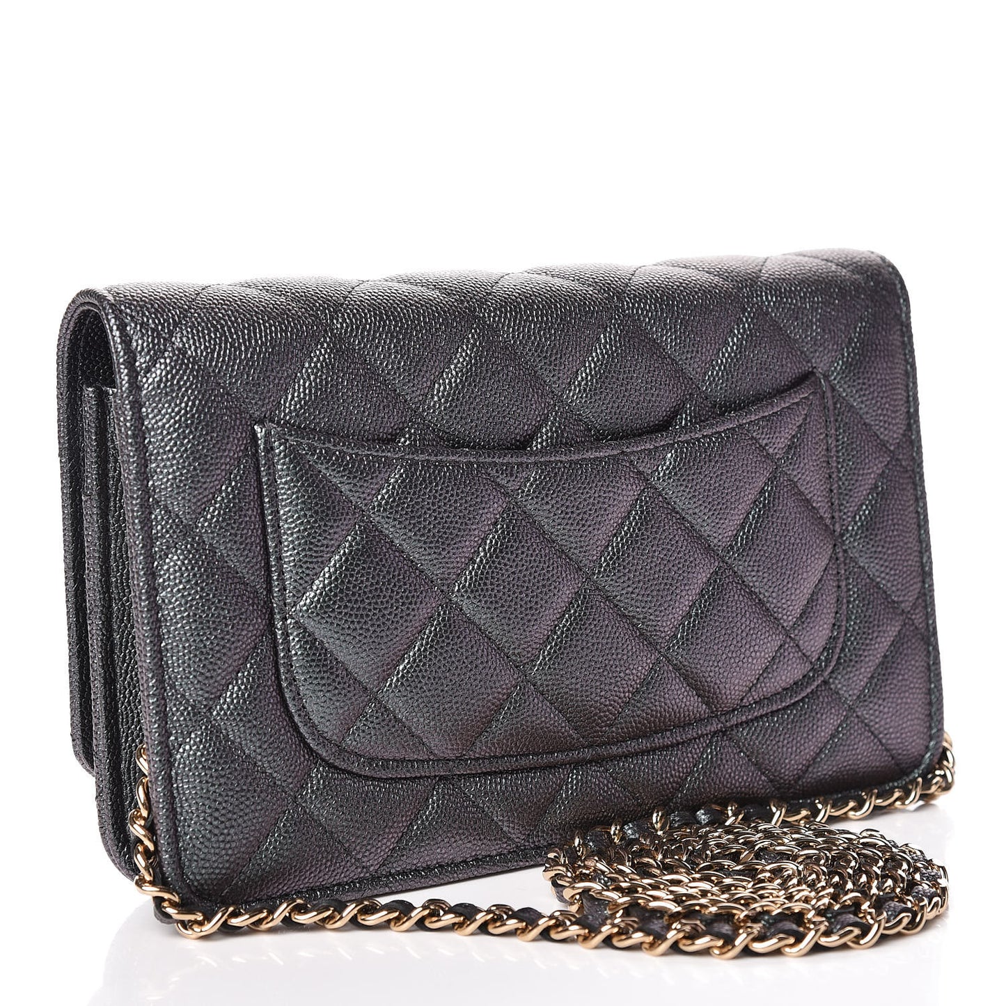 Iridescent Caviar Quilted Wallet On Chain WOC Black