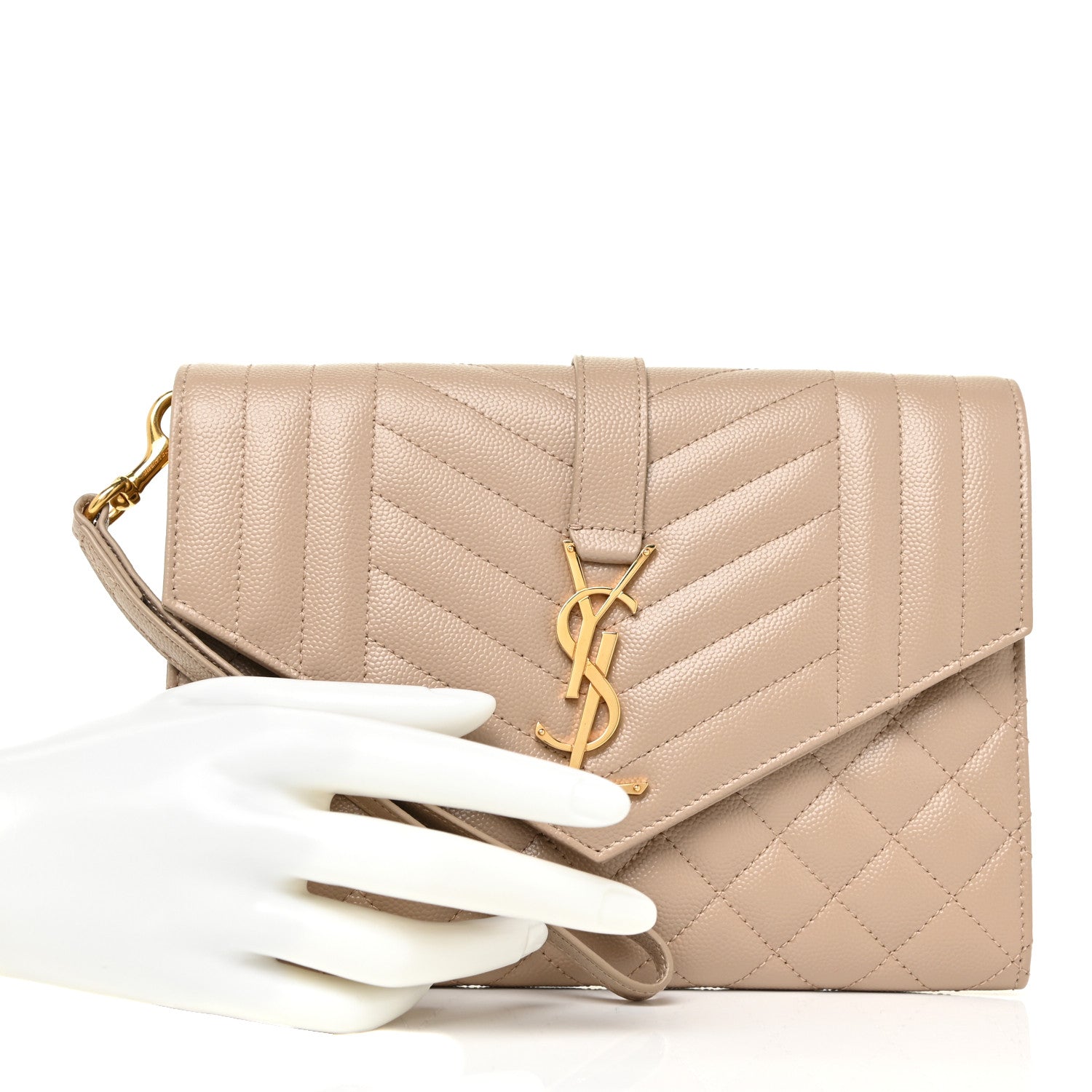Saint Laurent Grain De Poudre Textured Mixed Matelasse Triquilt Monogram Clutch Dark Beige 2 of 11