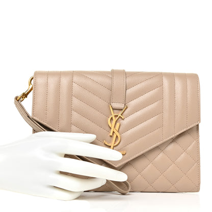 Saint Laurent Grain De Poudre Textured Mixed Matelasse Triquilt Monogram Clutch Dark Beige 2 of 11