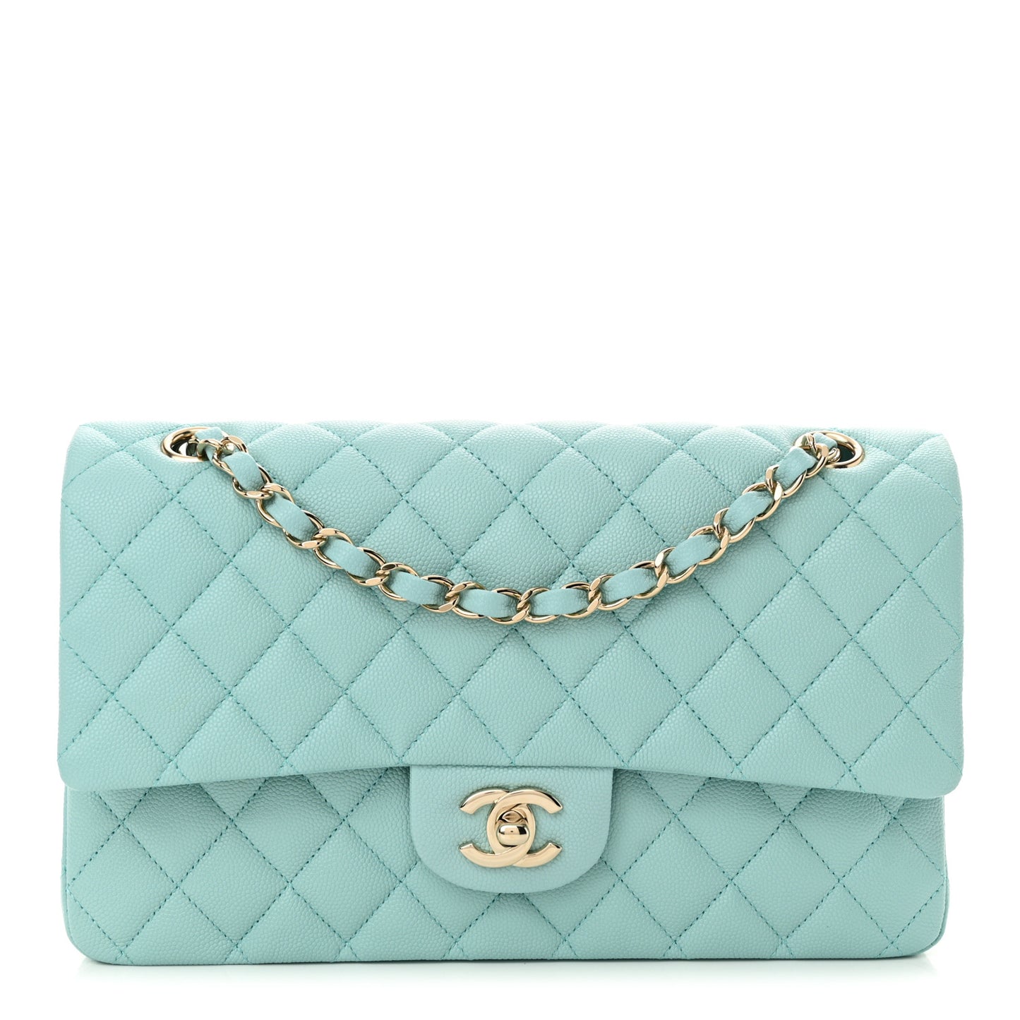 Caviar Quilted Medium Double Flap Light Blue