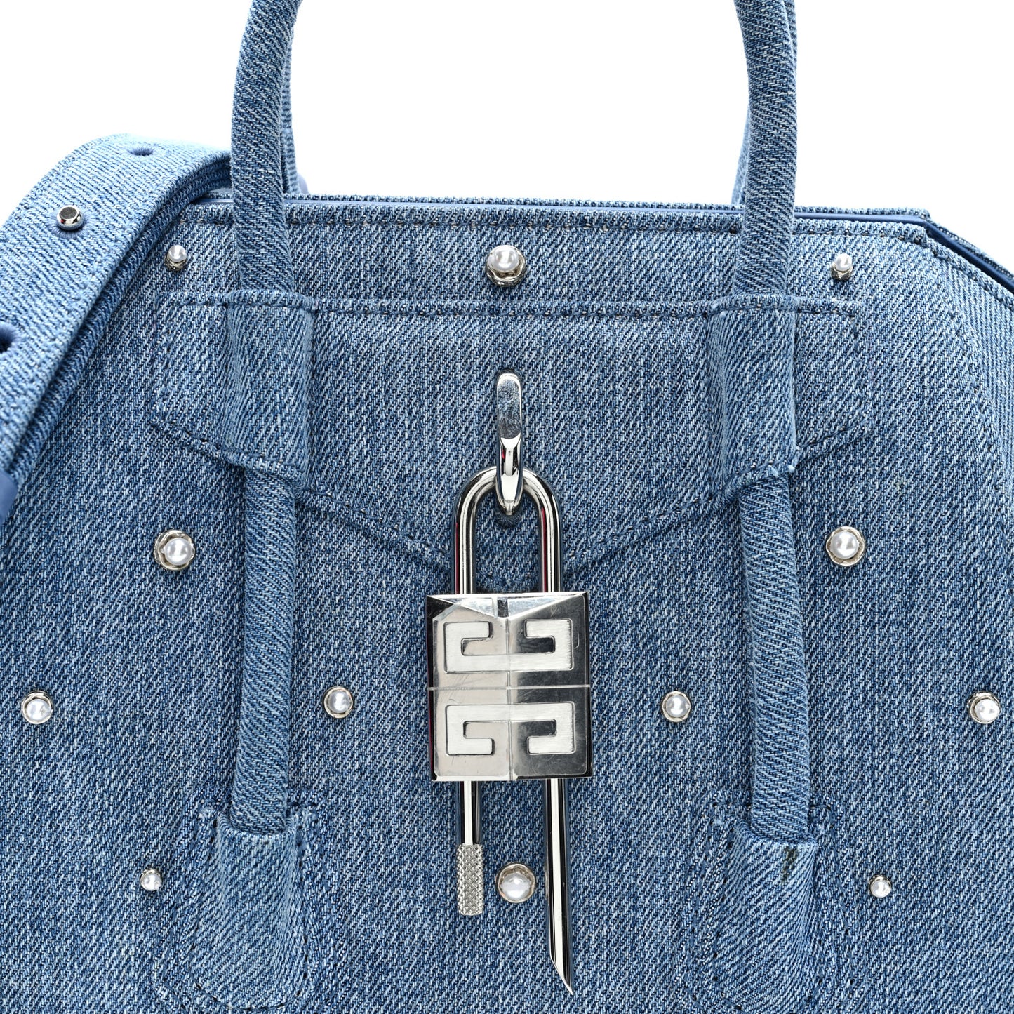 Denim Pearl Embellished Mini Lock Antigona Shoulder Bag Blue