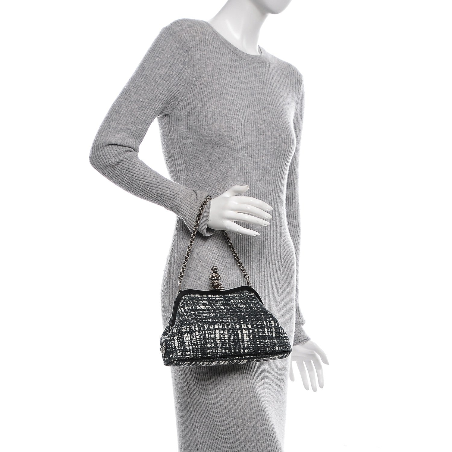 Prada Tweed Monkey Kisslock Frame Bag Black 2 of 6