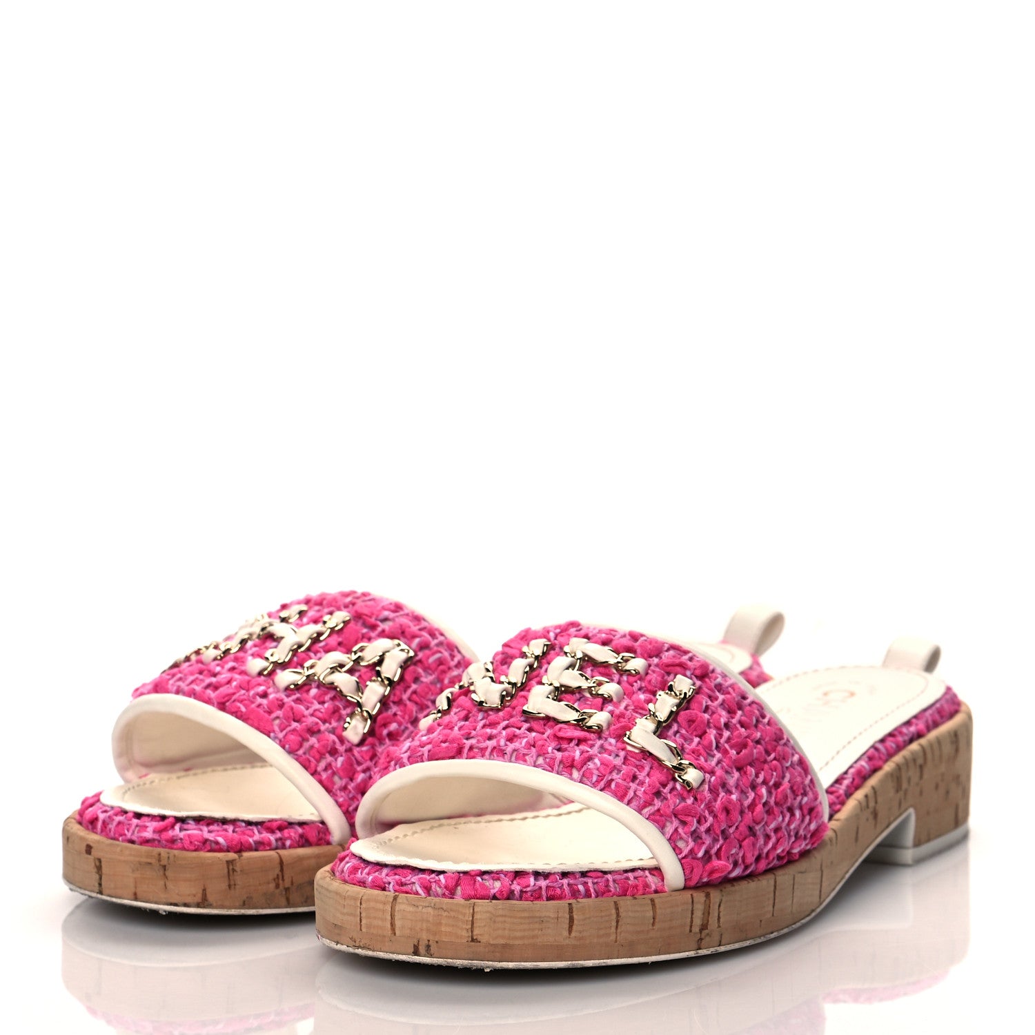 Chanel Tweed Cork Mule Sandal 39 Pink White 3 of 14