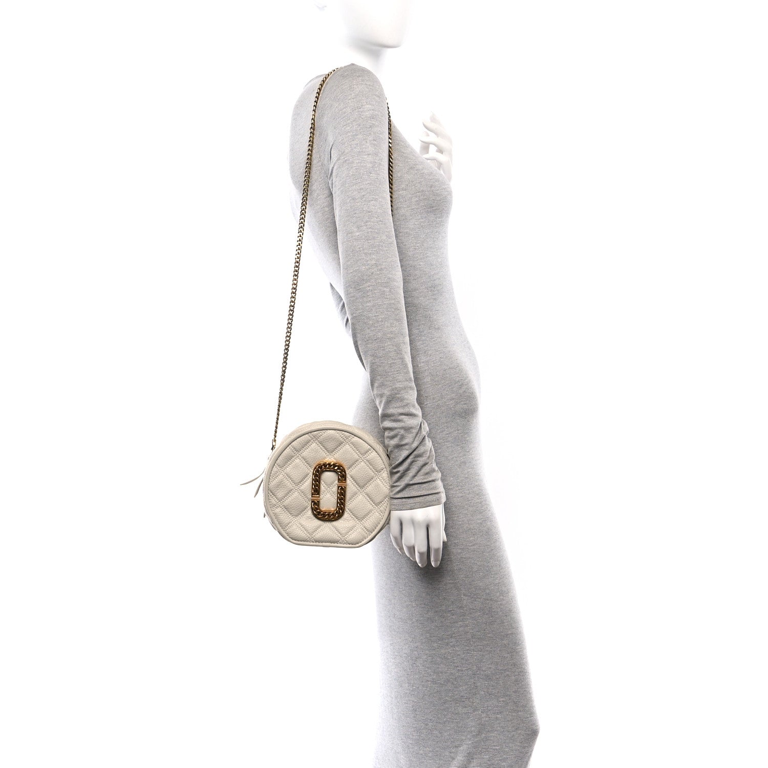 Marc Jacobs Grained Calfskin Quilted The Status Round Crossbody Oatmilk 2 of 11