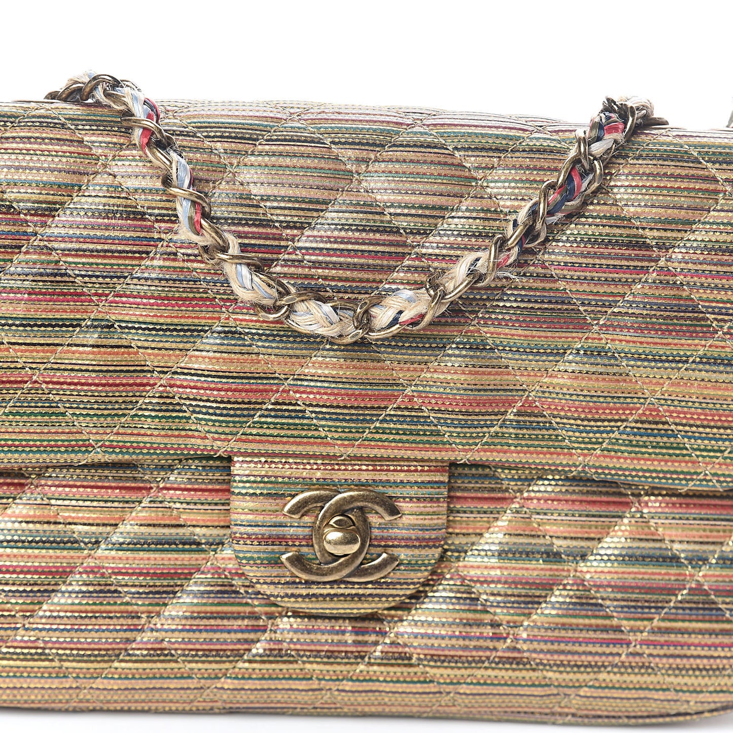 Metallic Sheepskin Thin Striped Small Single Flap Multicolor Gold