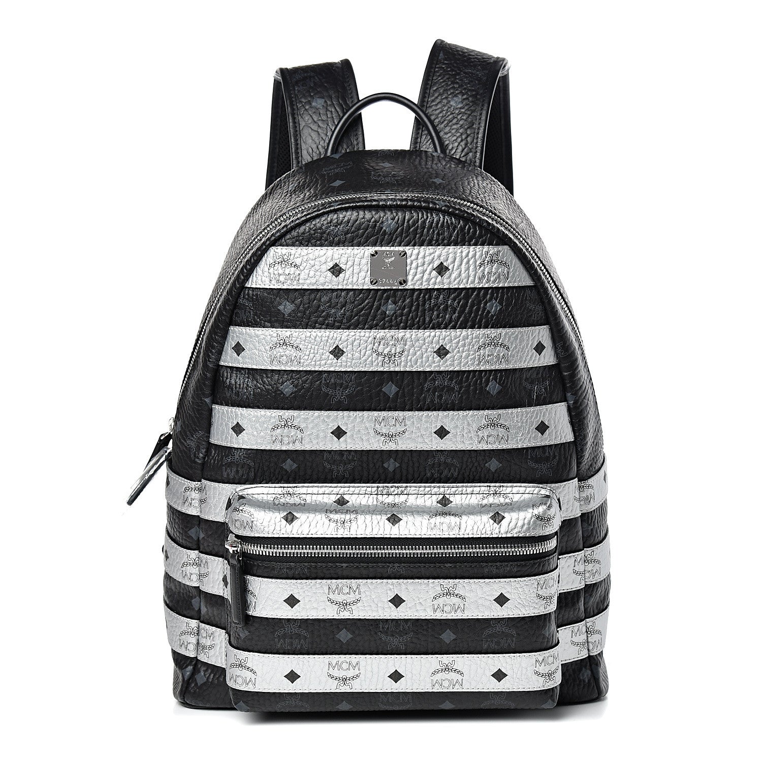 MCM Metallic Visetos Striped Medium Stark Backpack Silver Black 1 of 9