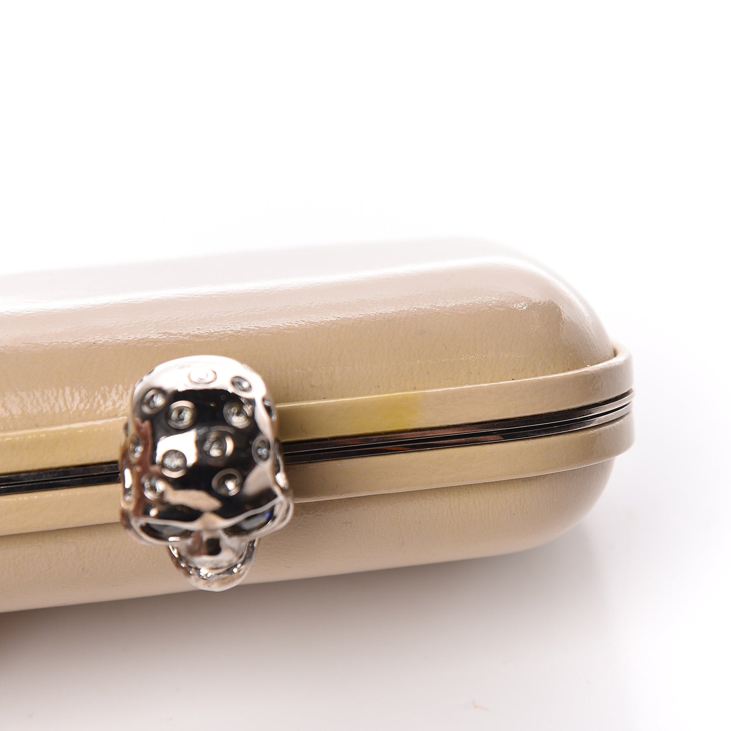 Patent Calfskin Skull Box Clutch Beige