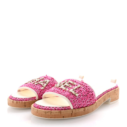 Chanel Tweed Cork Mule Sandal 39  Pink White 4 of 10