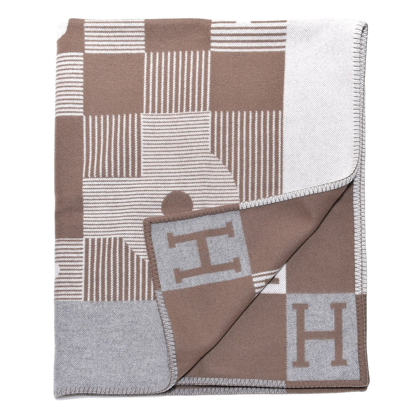 Wool Cashmere Echecs Et Trames Blanket Gris Beige