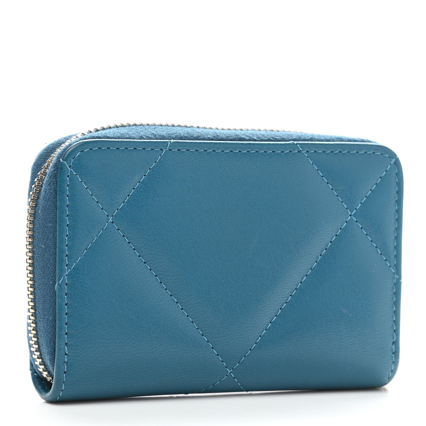 Goatskin Quilted Chanel 19 Zip Around Coin Purse Wallet Turquoise