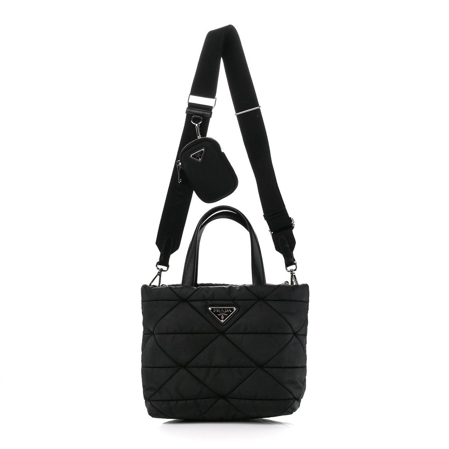 Re-Nylon Nappa Triangle Quilted Padded Double Handled Zip Pocket Tote Black