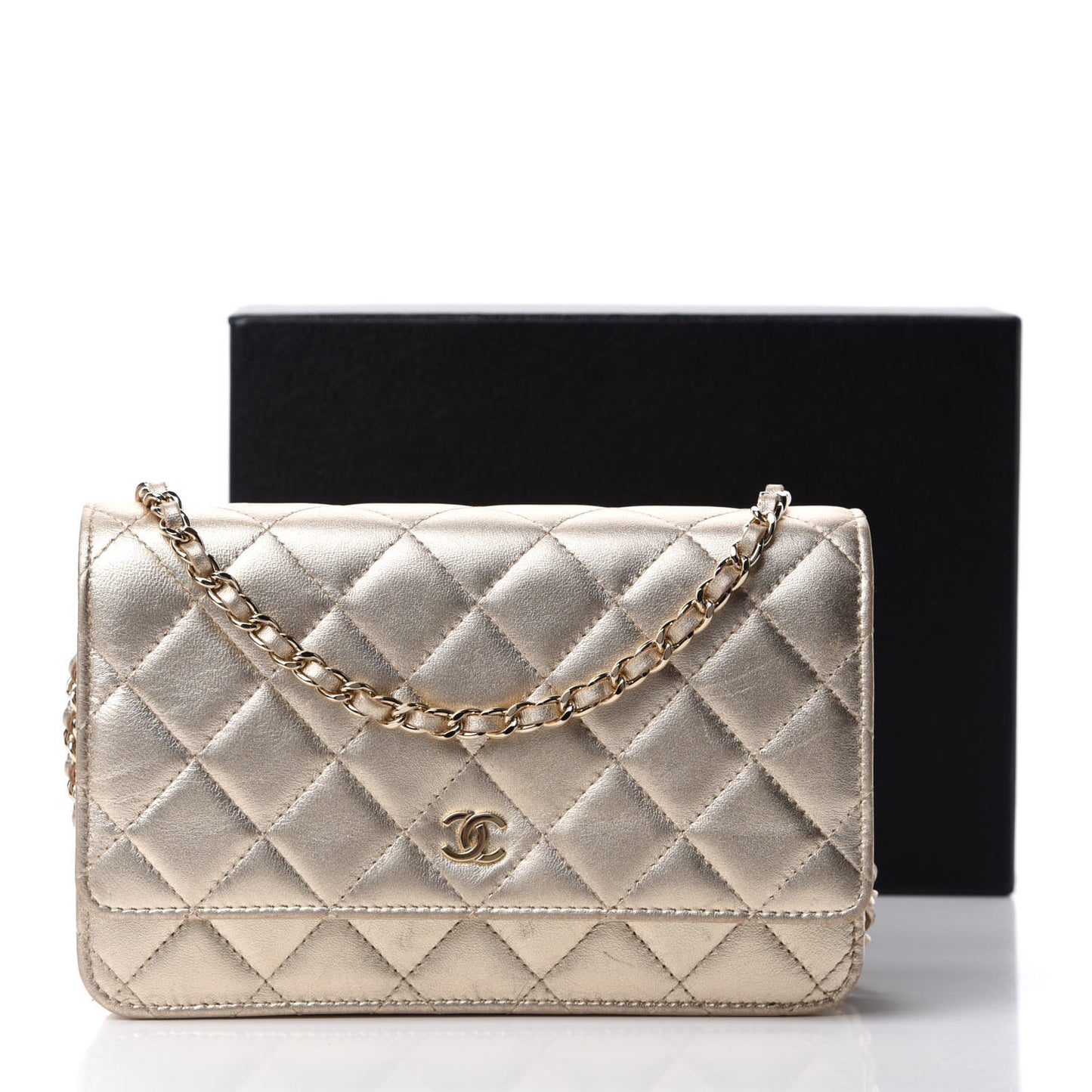 Metallic Lambskin Quilted Wallet On Chain WOC Gold