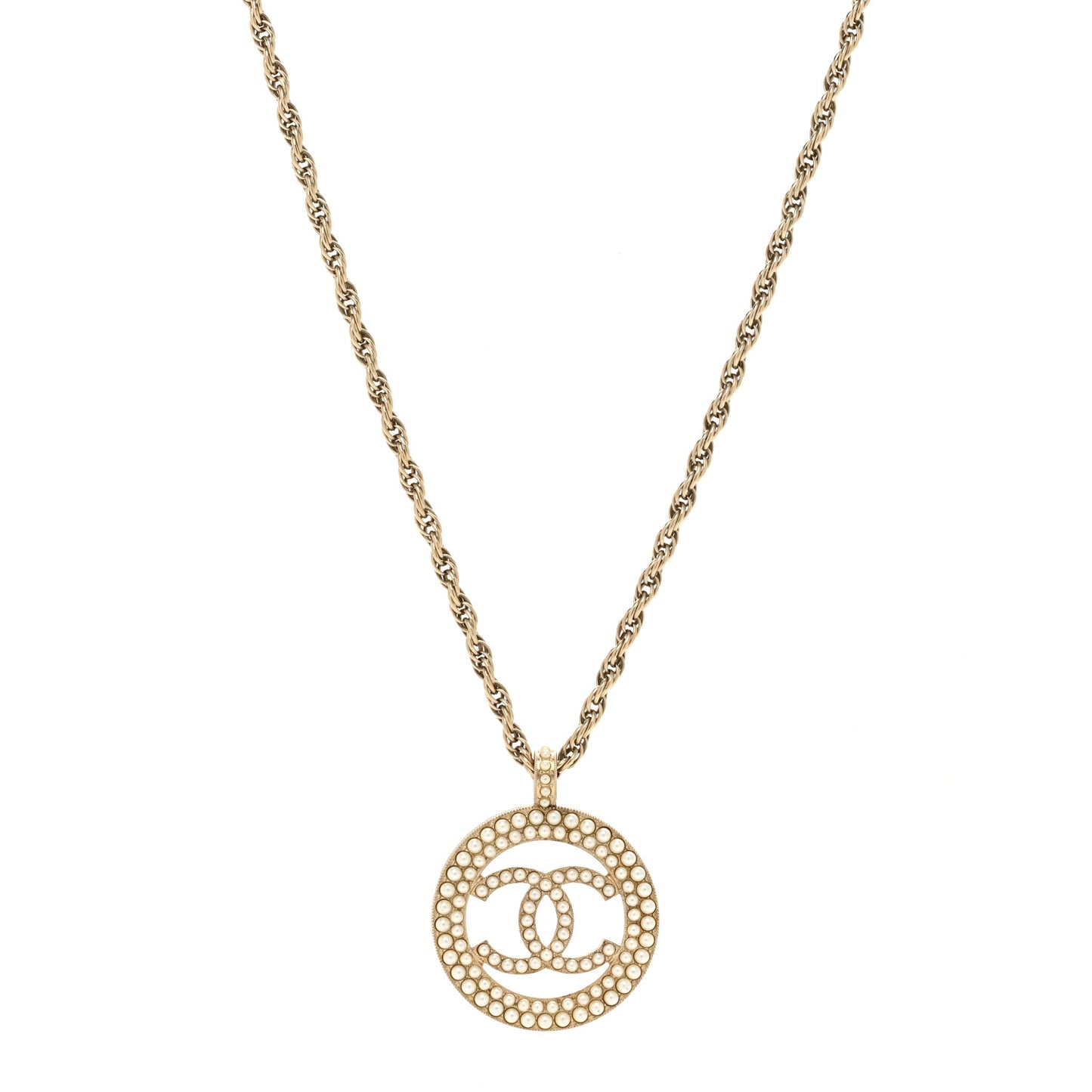 Pearl CC Round Pendant Necklace Gold