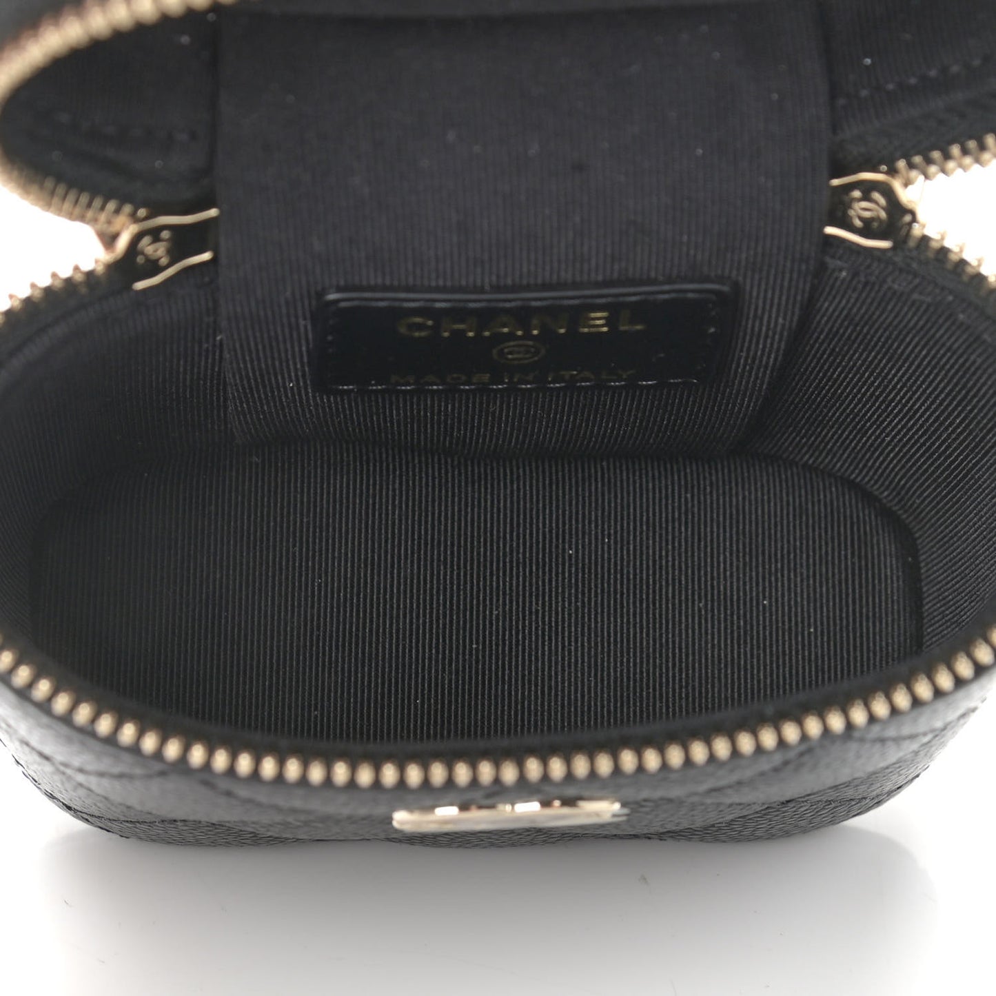 Caviar Quilted Small Handle With Care Vanity Case With Chain Black