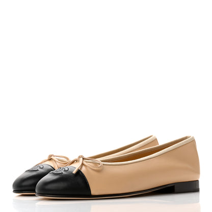 Chanel Lambskin Cap Toe CC Ballerina Flats 38 Beige Black 3 of 10