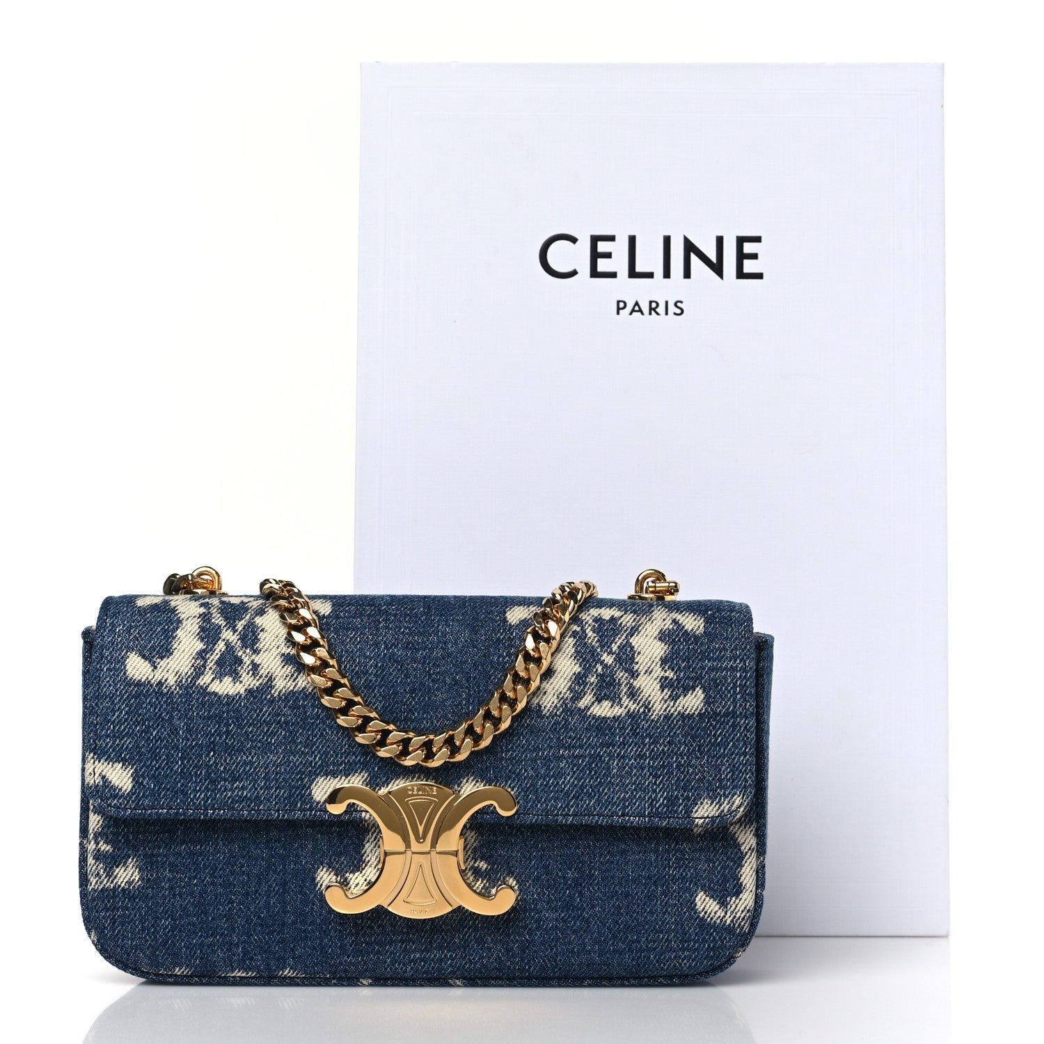 Celine Denim Triomphe Chain Shoulder Bag Navy Tan 1446359