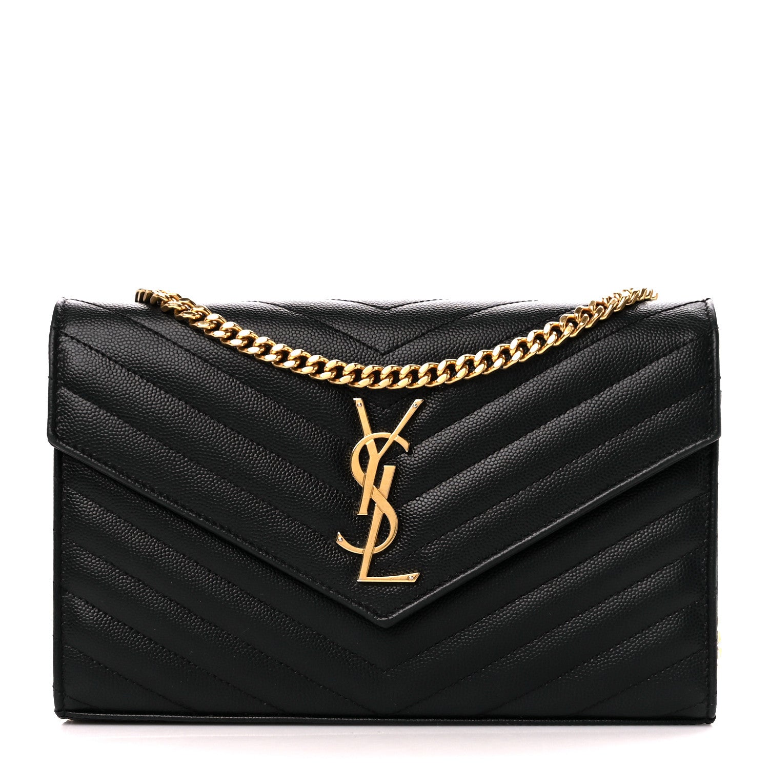 Saint Laurent Grain De Poudre Matelasse Chevron Monogram Chain Wallet Black 1 of 12