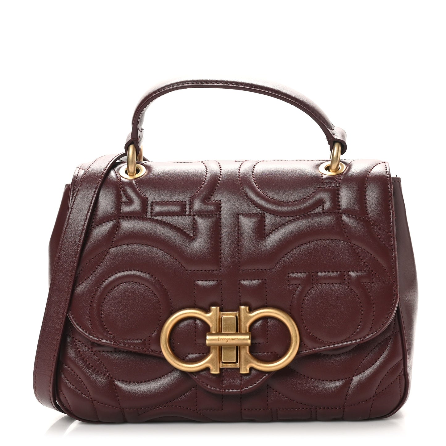 Calfskin Quilted Gancini Small Top Handle Flap Bag Burgundy