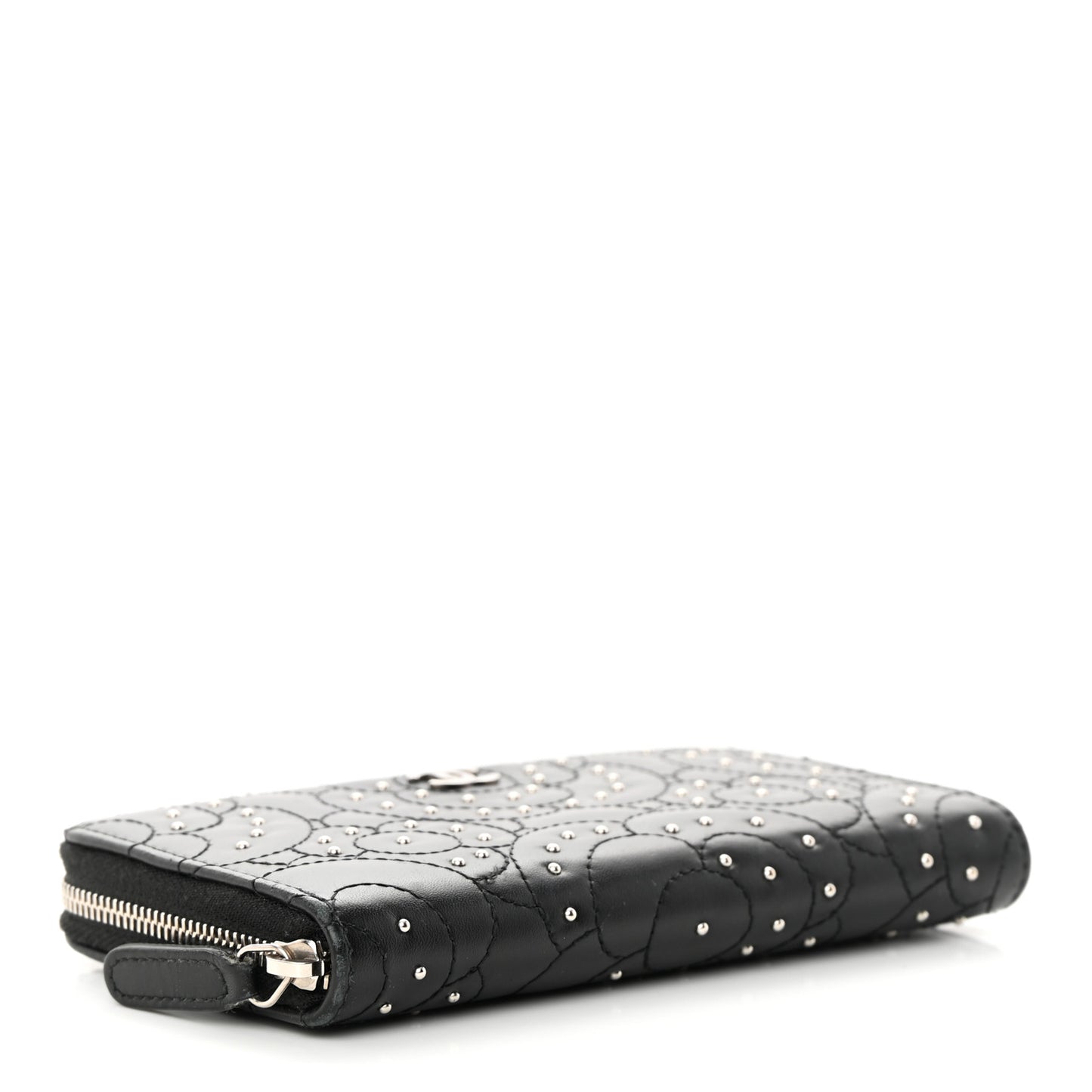 Lambskin Camellia Studded Medium Gusset Zip Around Wallet Black