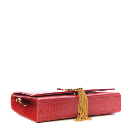 Saint Laurent Calfskin Crocodile Embossed Medium Classic Monogram Kate Tassel Satchel New Red 4 of 6