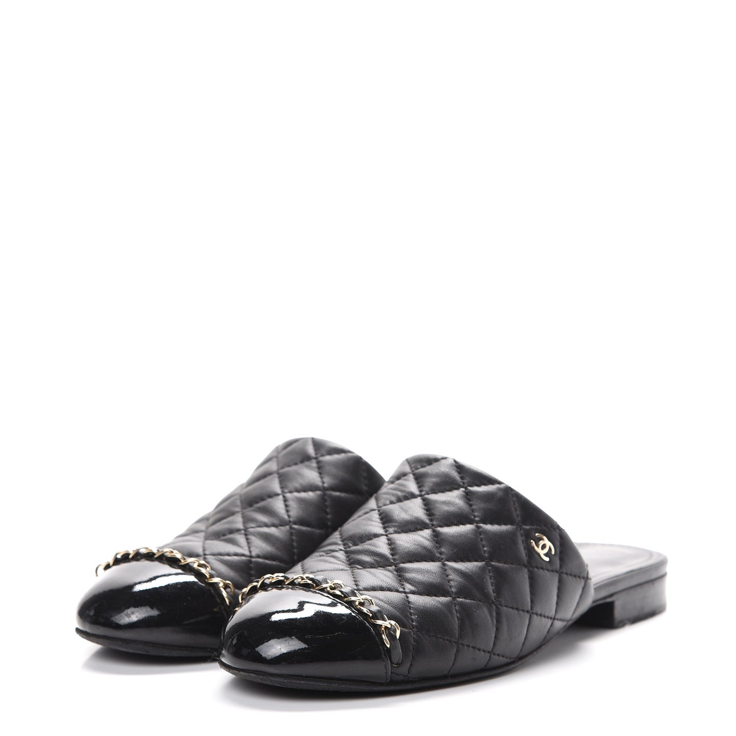 Lambskin Patent Quilted Chain Mules 38 Black