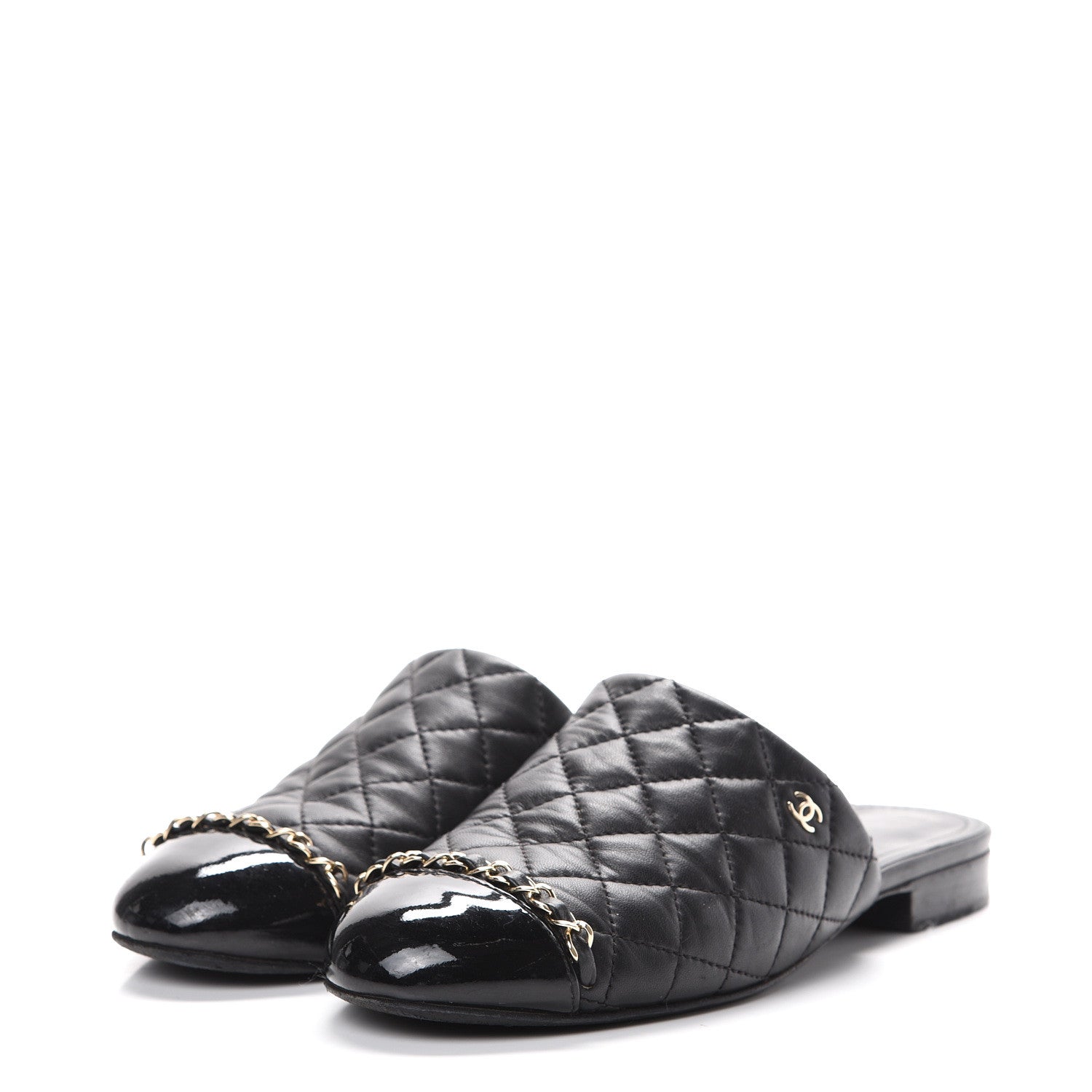 Chanel Lambskin Patent Quilted Chain Mules 38 Black 3 of 16