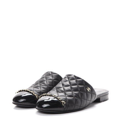 Chanel Lambskin Patent Quilted Chain Mules 38 Black 3 of 16