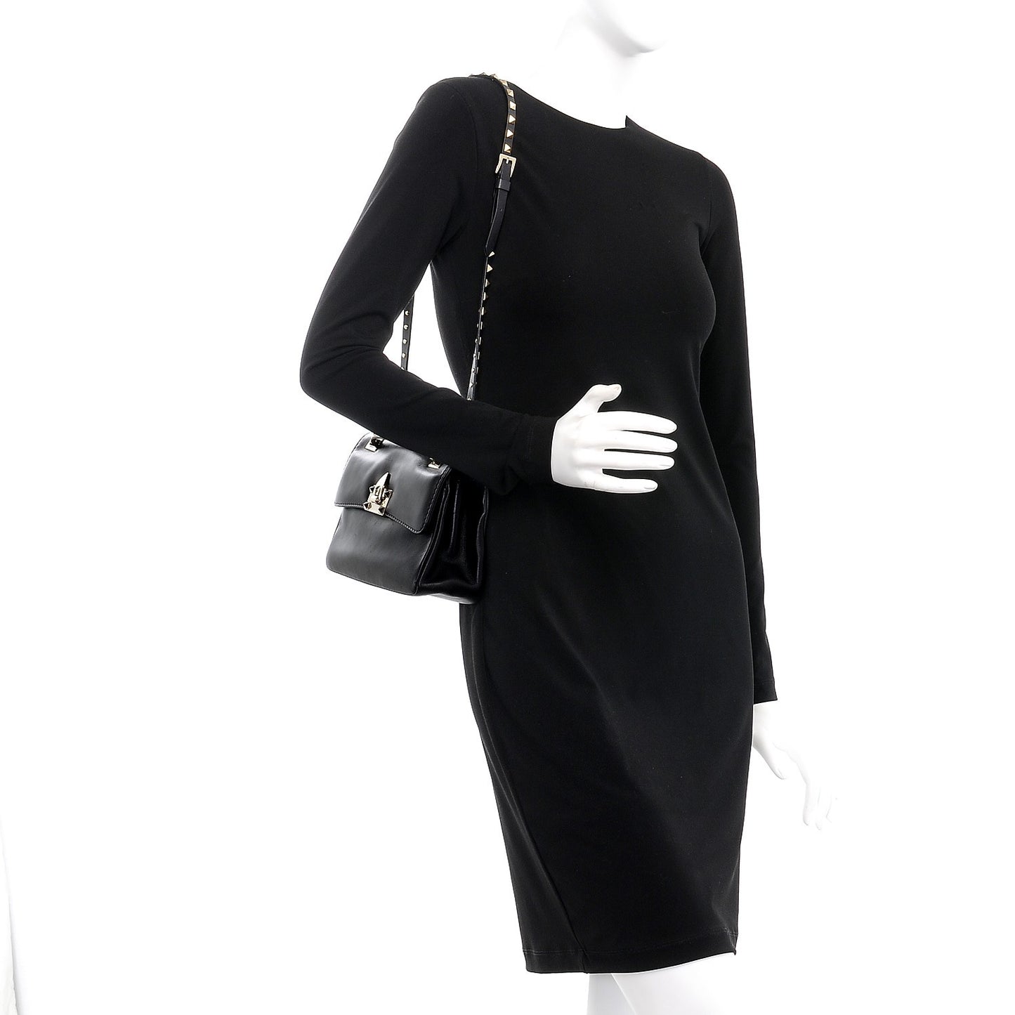 Vitello Rockstud Flip Lock Shoulder Flap Bag Black