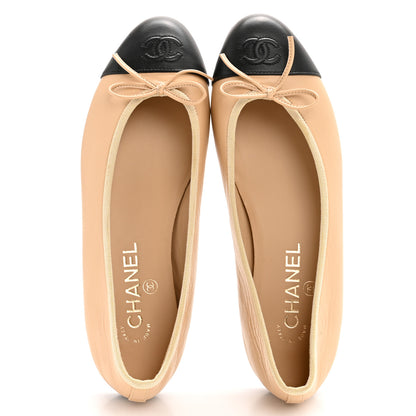 Chanel Lambskin Cap Toe CC Ballerina Flats 38 Beige Black 2 of 10