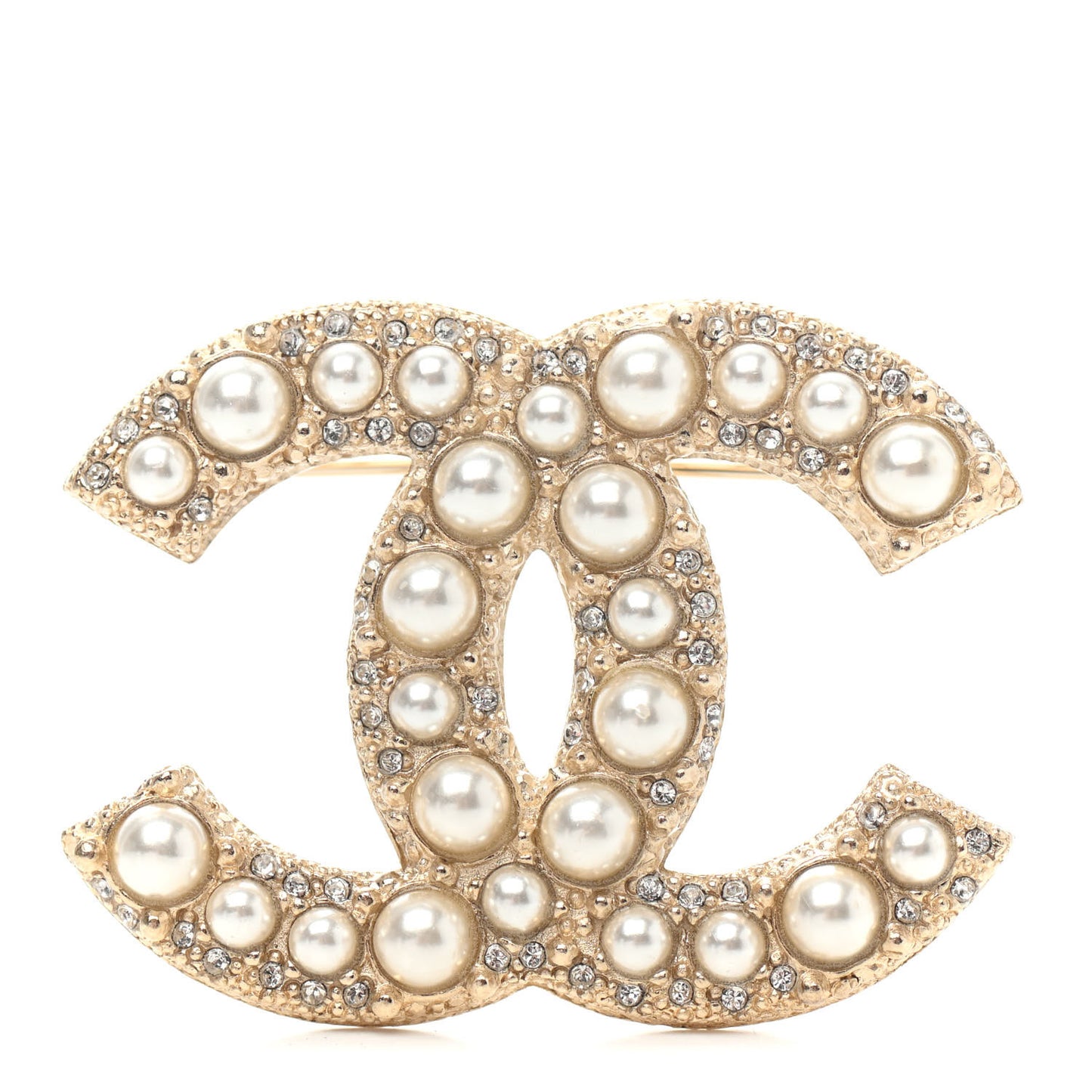 Metal Crystal Graduated Pearl CC Brooch Gold