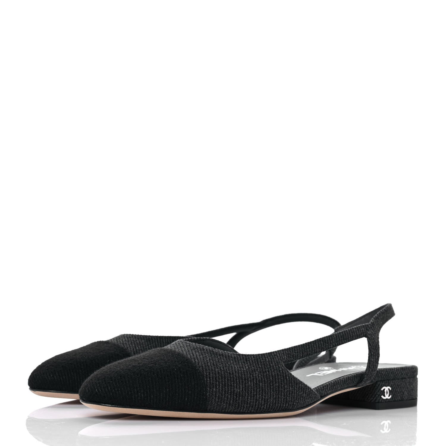 Chanel Grosgrain Cap Toe CC Slingback Flats 38 Black 3 of 8