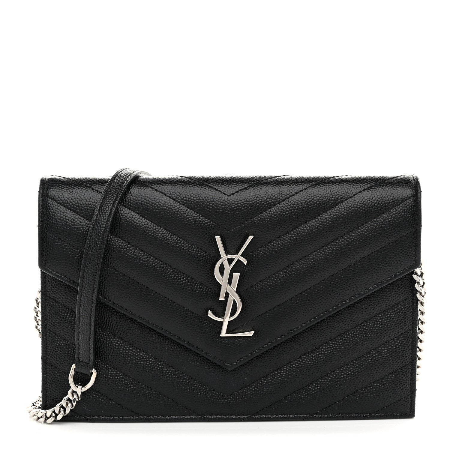 Saint Laurent Grain De Poudre Matelasse Chevron Monogram Envelope Chain Wallet Black 1 of 11