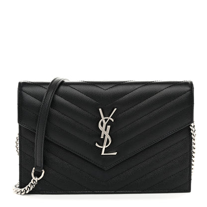 Saint Laurent Grain De Poudre Matelasse Chevron Monogram Envelope Chain Wallet Black 1 of 11
