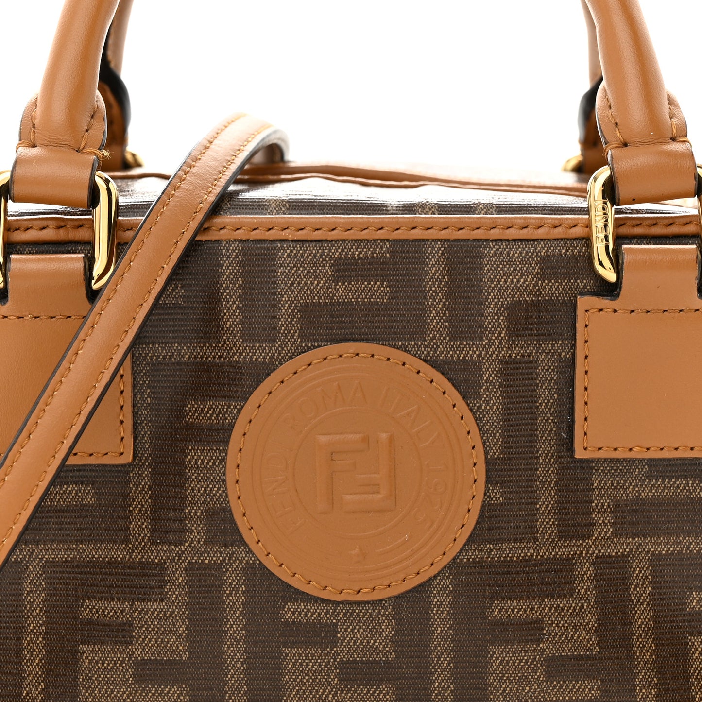 Glazed Fabric Vitello Century FF 1974 Stamp Patch Mini Boston Box Bag Mogano Panna Caramello
