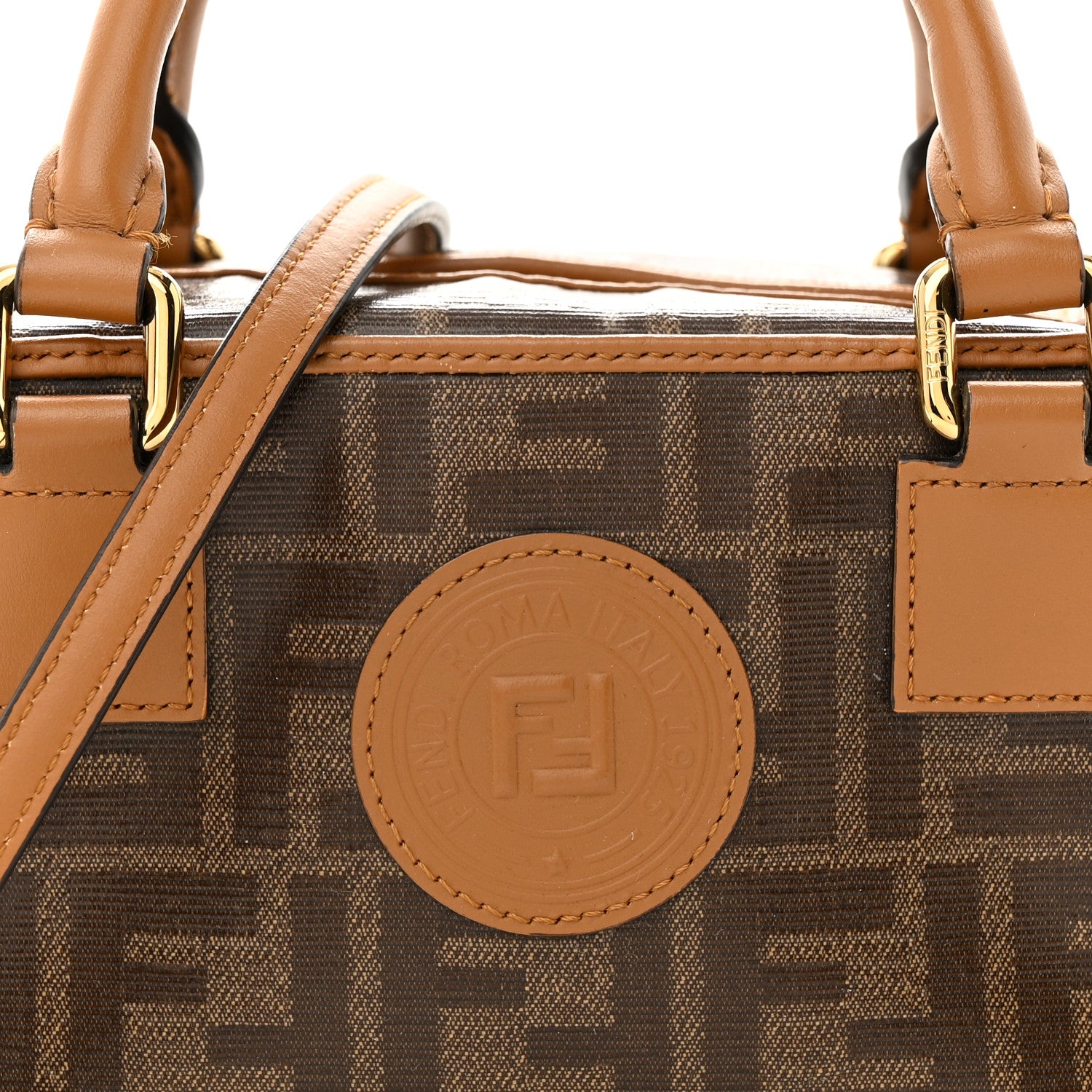Fendi Glazed Fabric Vitello Century FF 1974 Stamp Patch Mini Boston Box Bag Mogano Panna Caramello 8 of 13