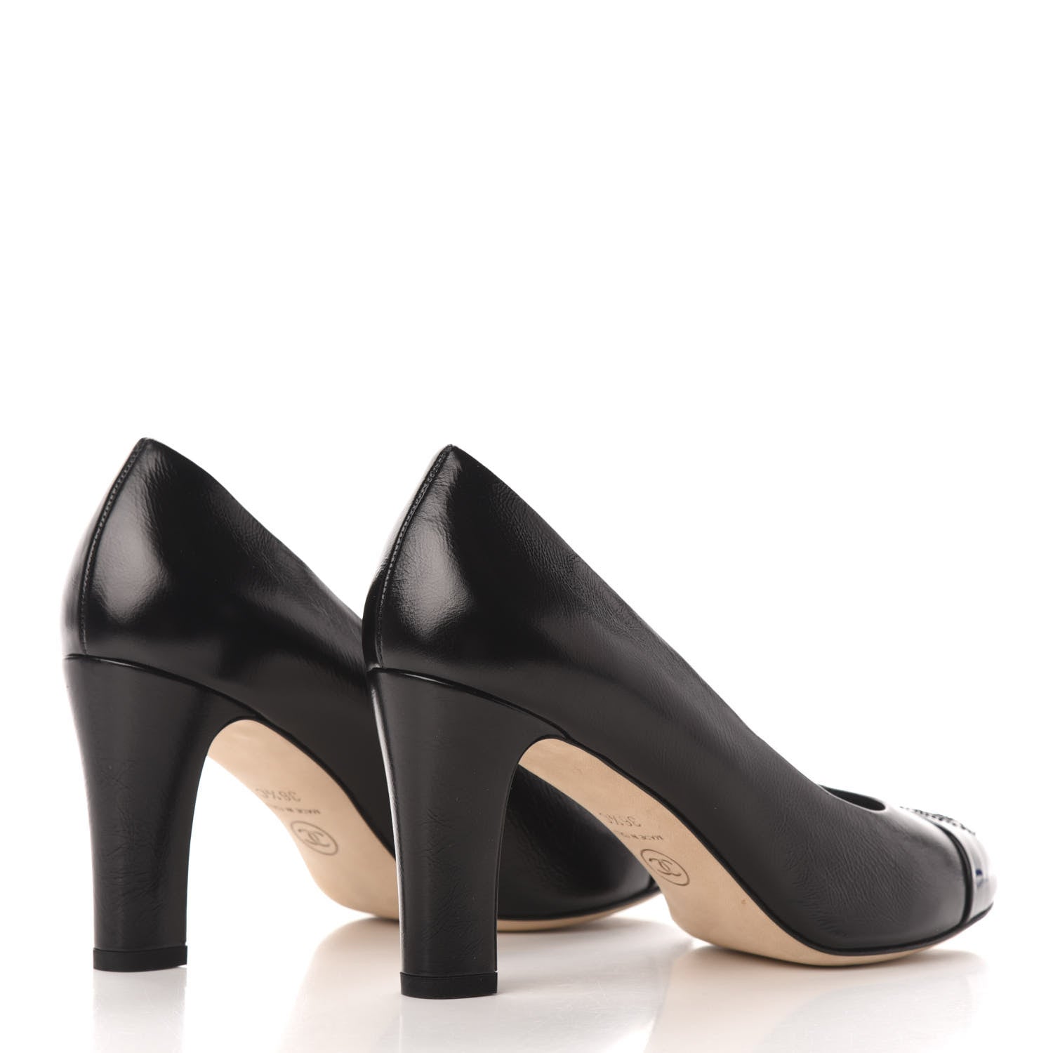 Chanel Crumpled Calfskin Patent Cap Toe CC Pumps 36.5 Black 4 of 8