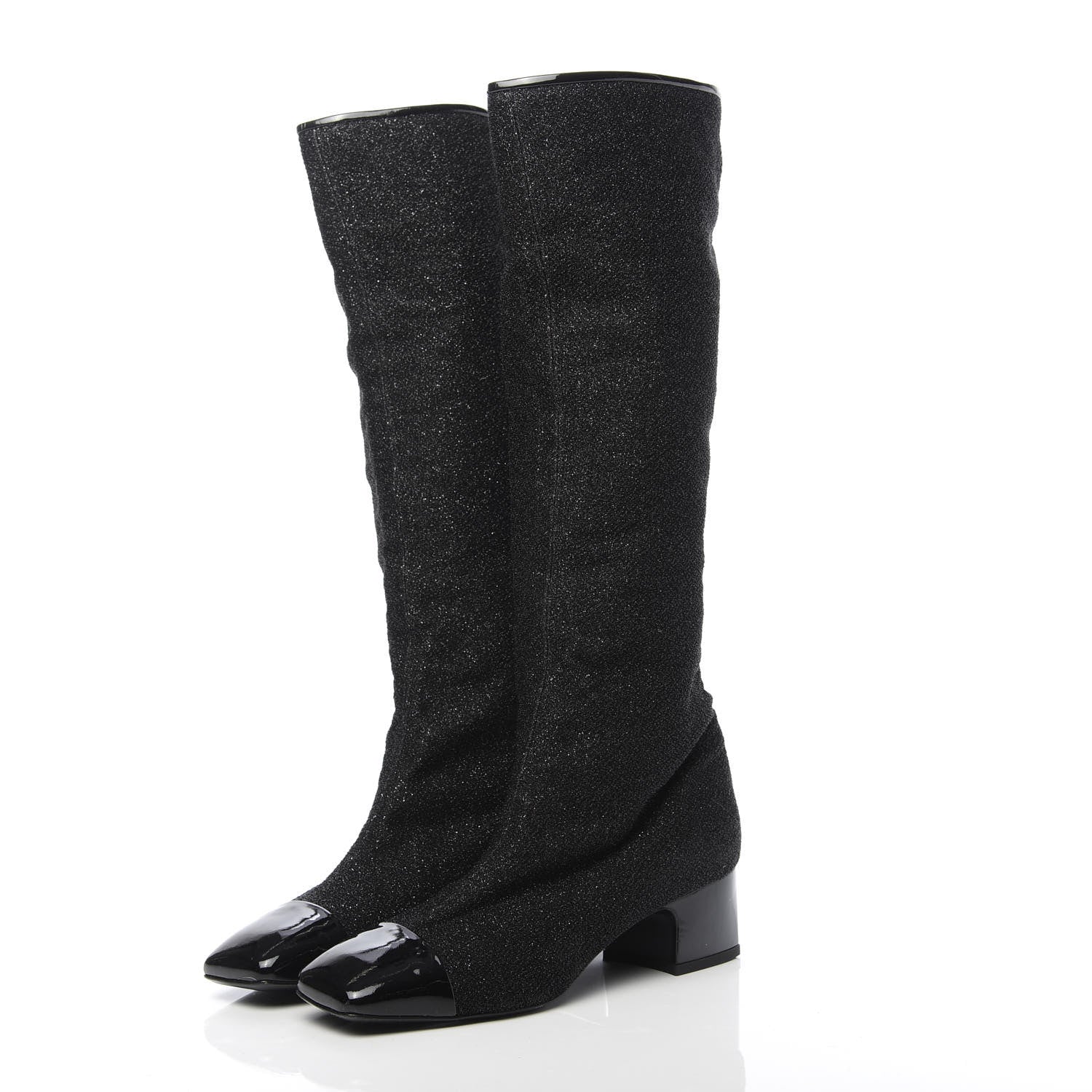 Chanel Glitter Patent Cap Toe High Boots 37 Black 3 of 7