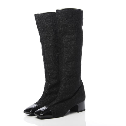 Chanel Glitter Patent Cap Toe High Boots 37 Black 3 of 7