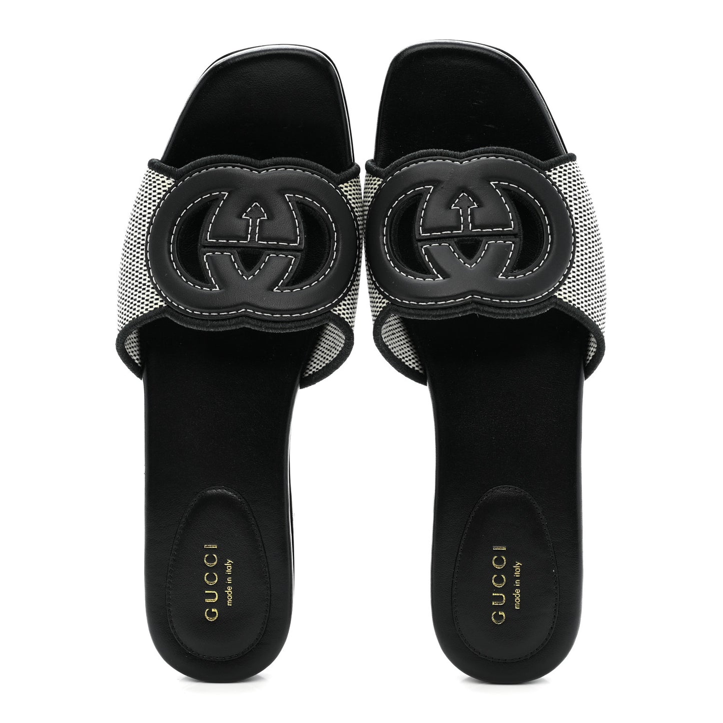 Cosmo Softy Calfskin Canvas Interlocking G Cut Out Slide Sandals 37.5 Natural Black