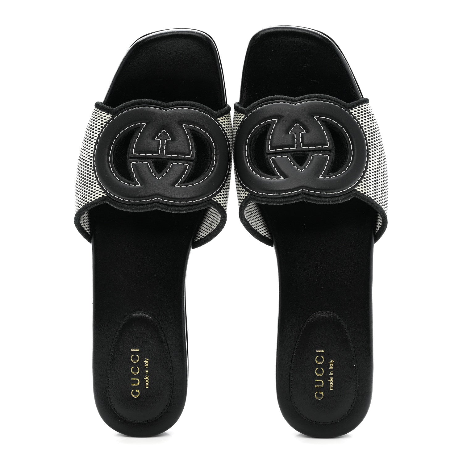 Gucci Cosmo Softy Calfskin Canvas Interlocking G Cut Out Slide Sandals 37.5 Natural Black 2 of 8