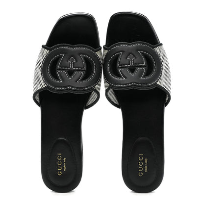 Gucci Cosmo Softy Calfskin Canvas Interlocking G Cut Out Slide Sandals 37.5 Natural Black 2 of 8