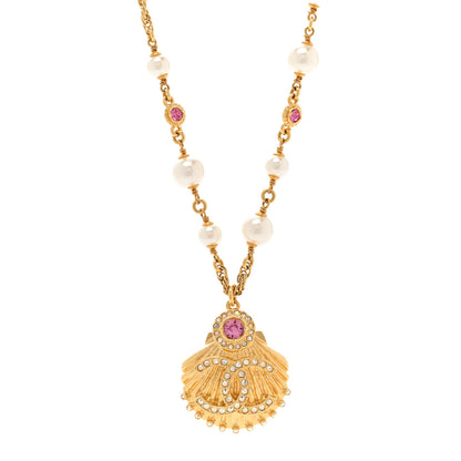 Chanel Metal Pearl Crystal CC Shell Necklace Gold Pink Multicolor 1 of 6