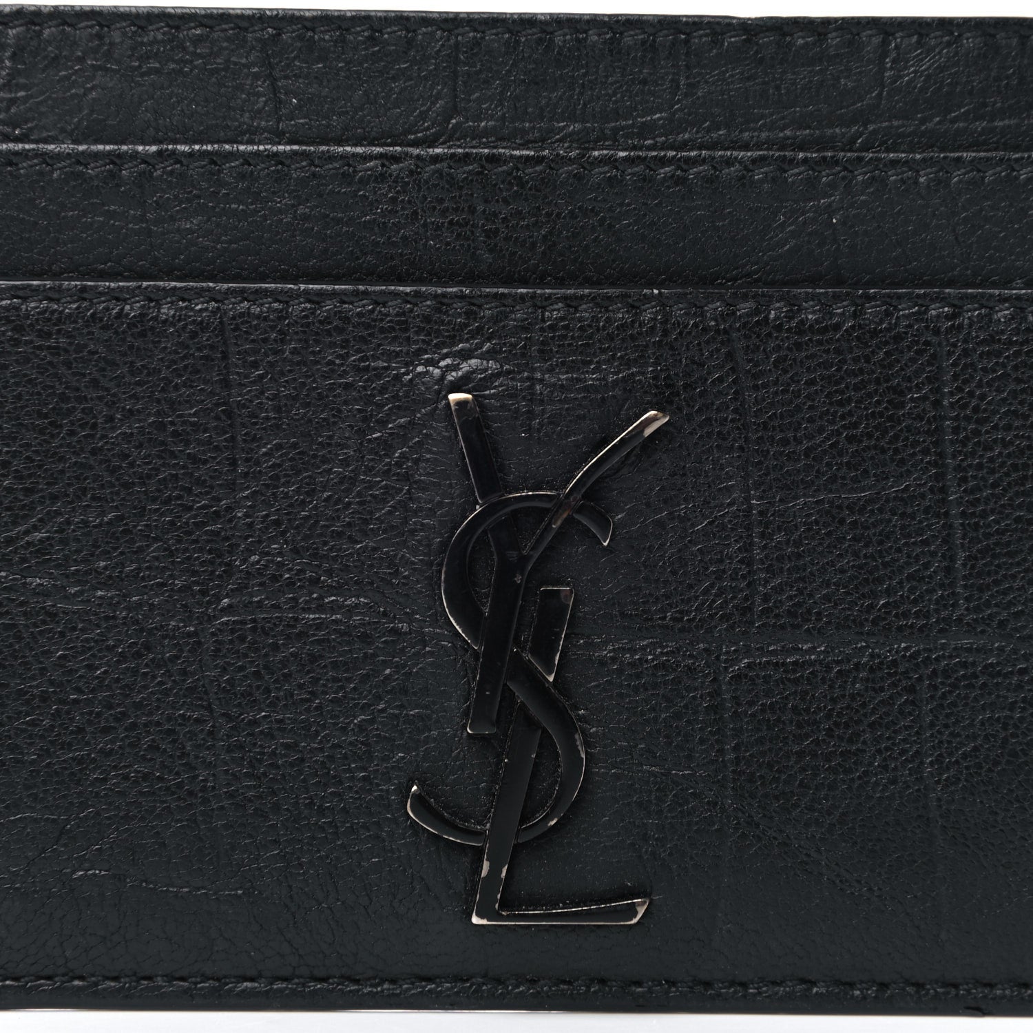 Saint Laurent Calfskin Crocodile Embossed Monogram Credit Card Case Black 7 of 11