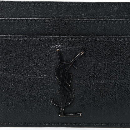 Saint Laurent Calfskin Crocodile Embossed Monogram Credit Card Case Black 7 of 11