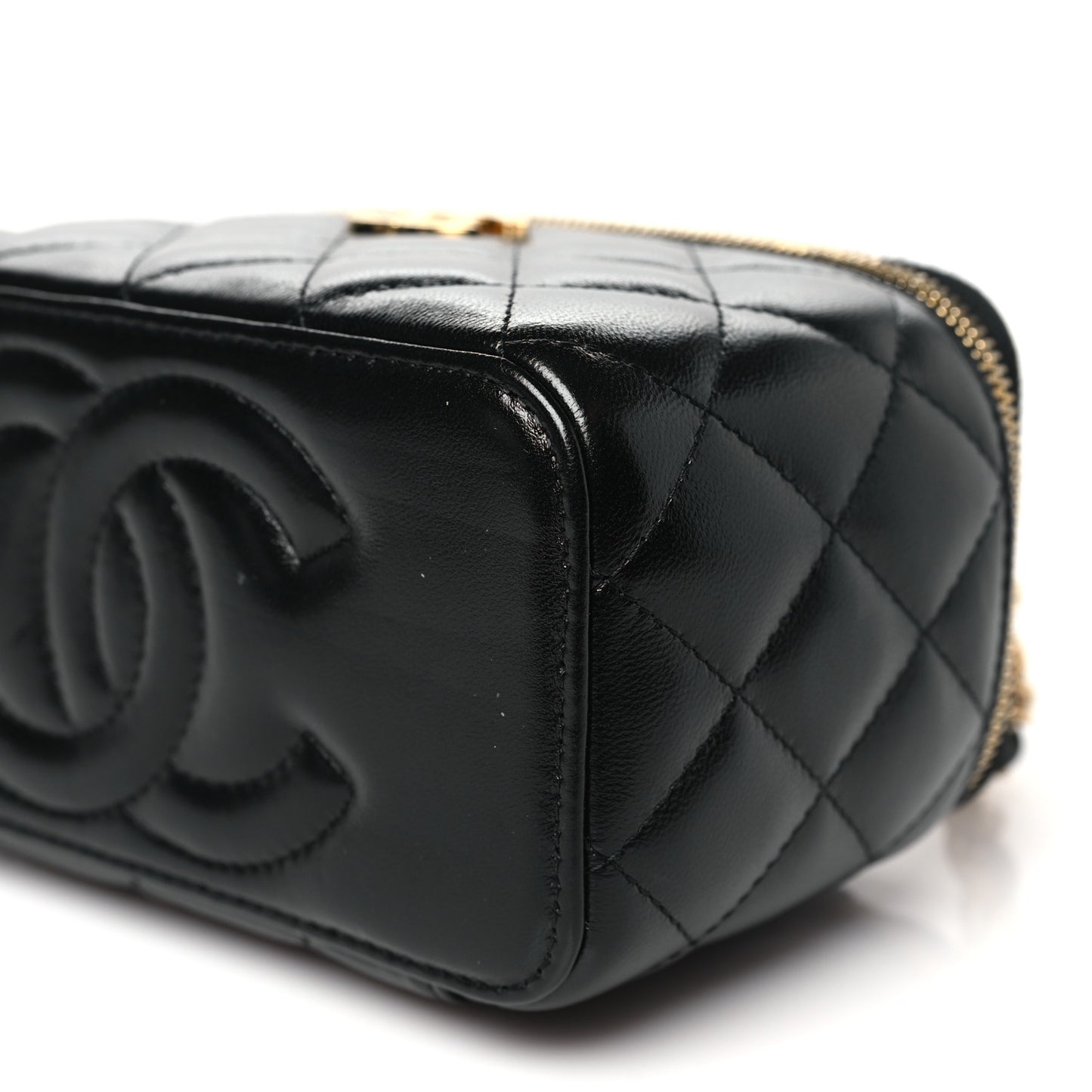 Lambskin Quilted Golden Links Top Handle Vanity Case With Chain Black
