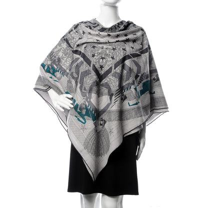 Hermes Cashmere Silk Imprimeur Fou Steeple Poste Shawl 140 Gris Clair Chine Anthracite Turquoise 2 of 6