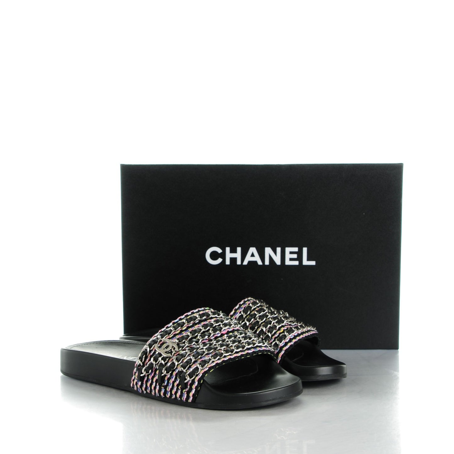 Tweed Lambskin Chain Flat Sandals 39 Black Multicolor