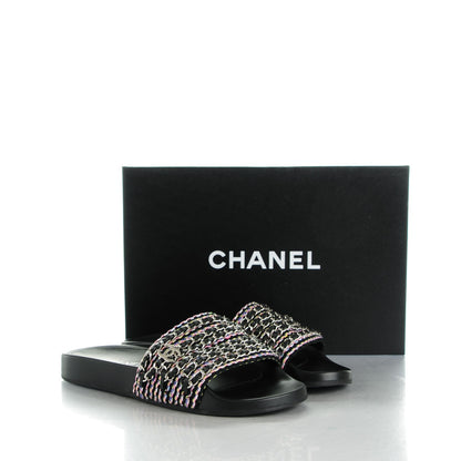 Chanel Tweed Lambskin Chain Flat Sandals 39 Black Multicolor 9 of 9