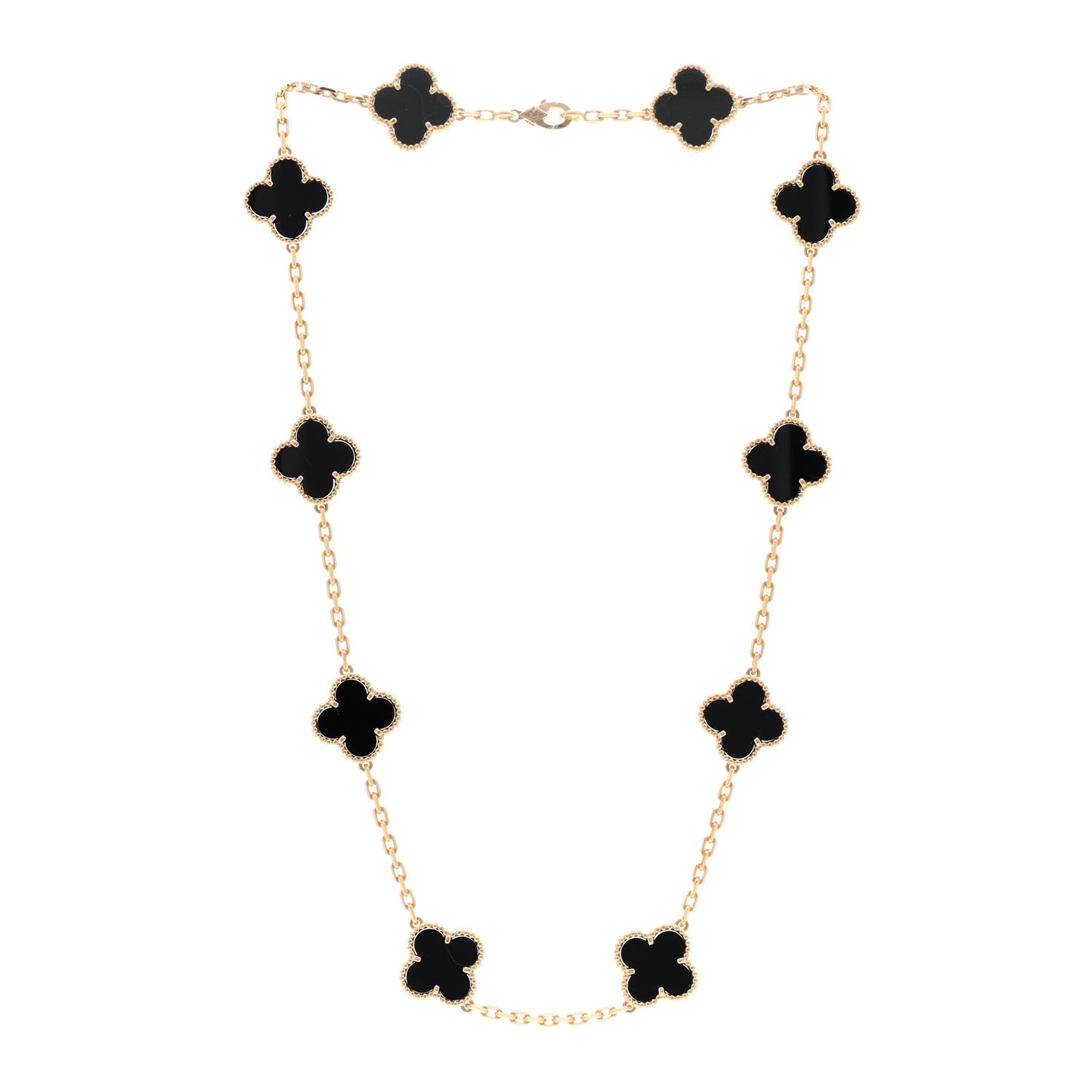 18K Yellow Gold Black Onyx 10 Motifs Vintage Alhambra Necklace