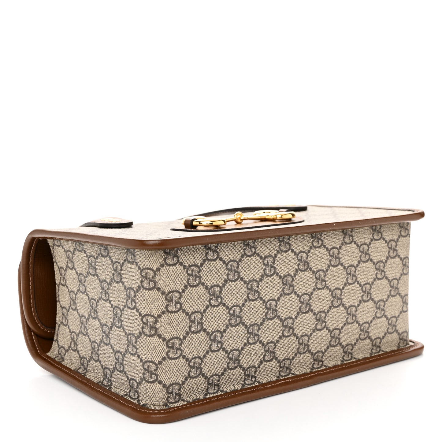 GG Supreme Monogram Azalea Calfskin Small Horsebit 1955 Foldover Top Handle Bag Beige Ebony Brown Sugar